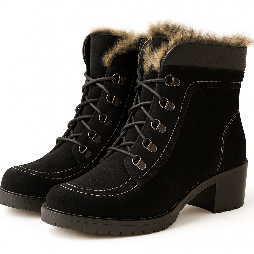 Black Suede & Leather Faux Fur Ankle Boots – Chunky Heel, Winter Comfort Size 8